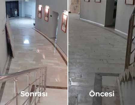Mermer silim cilalama restorasyon öncesi ve sonrası için kullanılan görselde, bir Özmer Silim Cila uzmanı tarafından cilalanmış zeminin yıpranmış ve parlatılmış resimleri var.