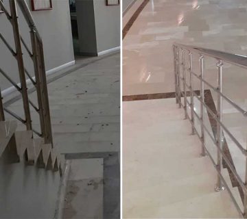 Mermer restorasyonu nedir nasıl yapılır yazısı için kullanılan öne çıkarılmış görselde, Özmer Silim Cila ekibi tarafından restore edilmiş zeminin öncesi ve sonrası resimleri var.