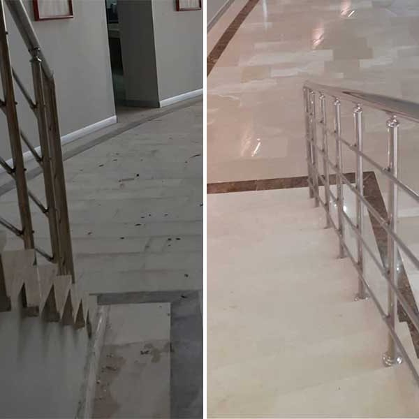 Mermer restorasyonu nedir nasıl yapılır yazısı için kullanılan öne çıkarılmış görselde, Özmer Silim Cila ekibi tarafından restore edilmiş zeminin öncesi ve sonrası resimleri var.